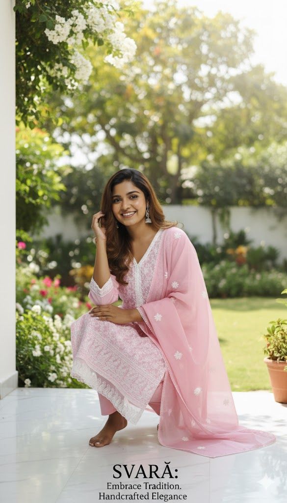 Pink Embroidered Kurti Pant Dupatta Set for Women | Elegant Pastel Traditional Ethnic Wear