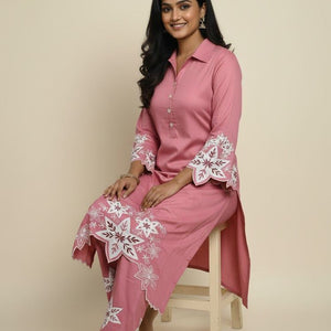 Pink Embroidered Cotton Kurti Set for Women | Elegant Floral Design Traditional Wear