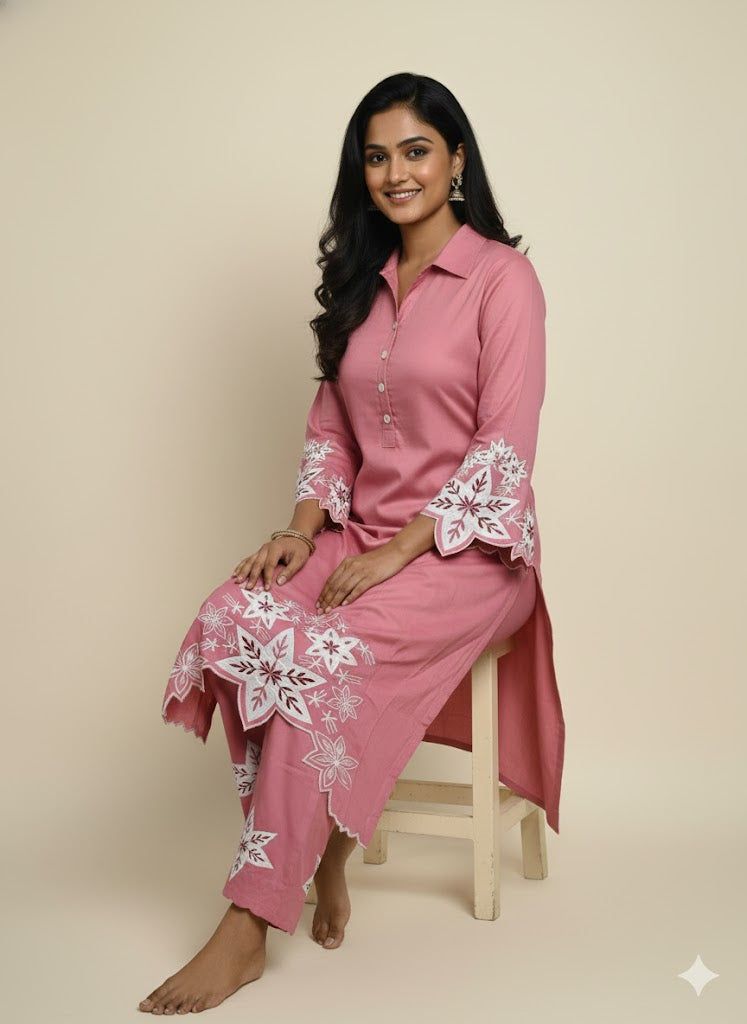 Pink Embroidered Cotton Kurti Set for Women | Elegant Floral Design Traditional Wear