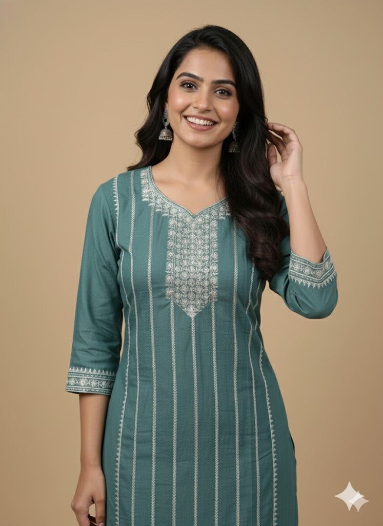 Teal Embroidered Cotton Kurti for Women | Elegant Traditional Daily Wear Kurta