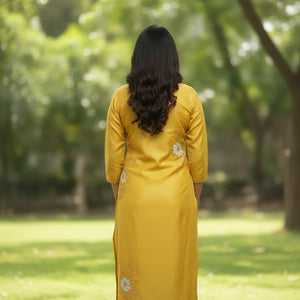 Mustard Floral Printed Cotton Kurti for Women | Stylish Daily Wear Long Straight Kurta