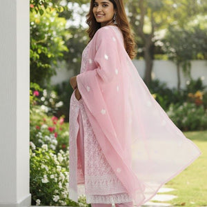 Pink Embroidered Kurti Pant Dupatta Set for Women | Elegant Pastel Traditional Ethnic Wear