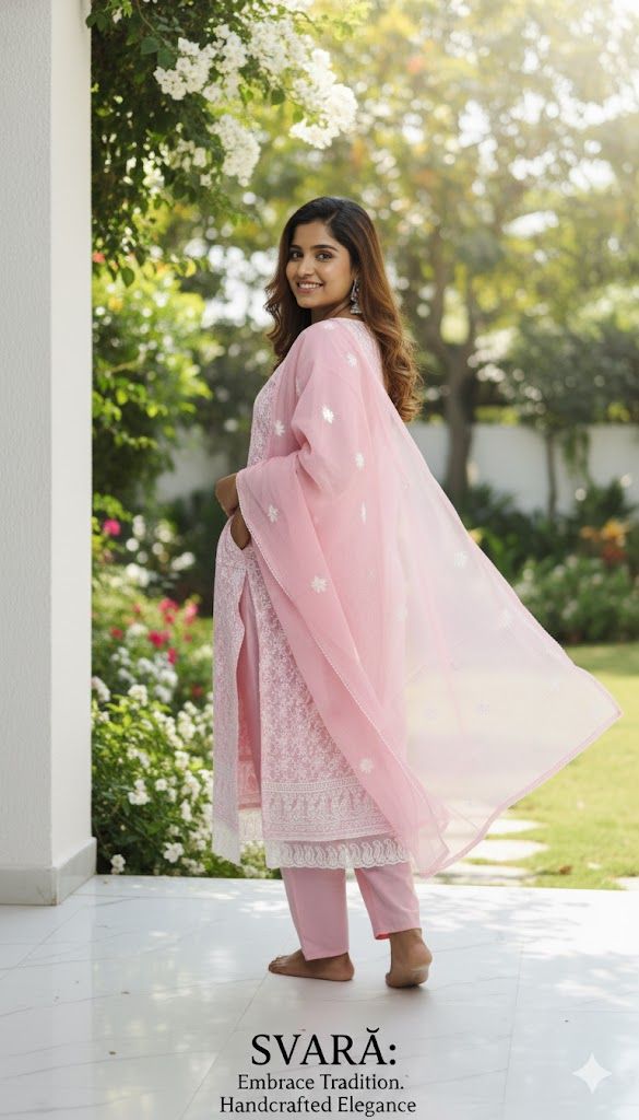 Pink Embroidered Kurti Pant Dupatta Set for Women | Elegant Pastel Traditional Ethnic Wear