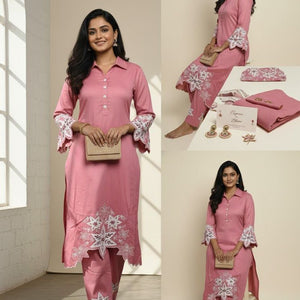 Pink Embroidered Cotton Kurti Set for Women | Elegant Floral Design Traditional Wear