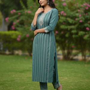 Teal Embroidered Cotton Kurti for Women | Elegant Traditional Daily Wear Kurta