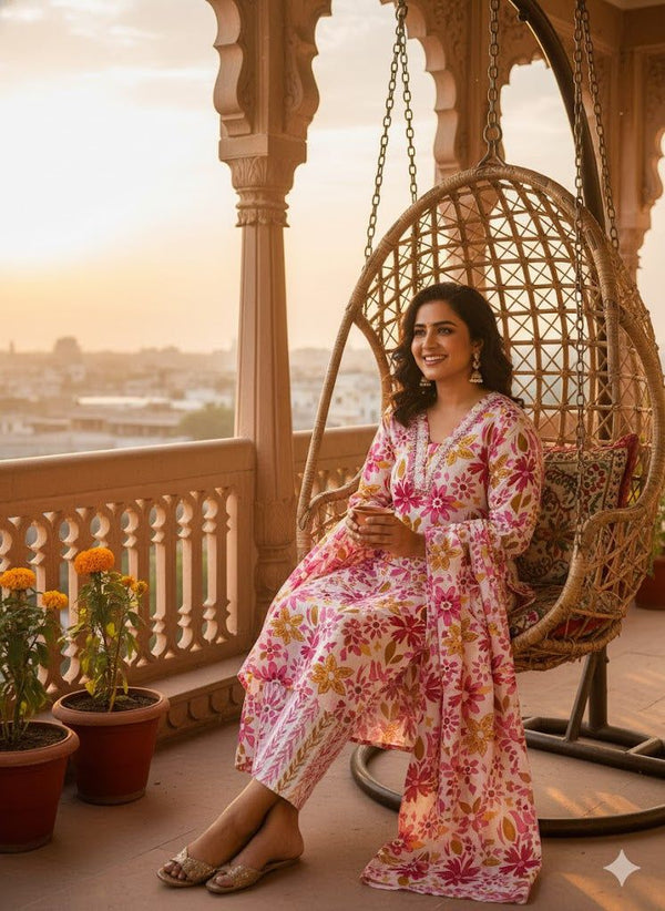 Pink Floral Printed Kurti Pant Dupatta Set for Women | Elegant Cotton Daily & Festive Ethnic Wear