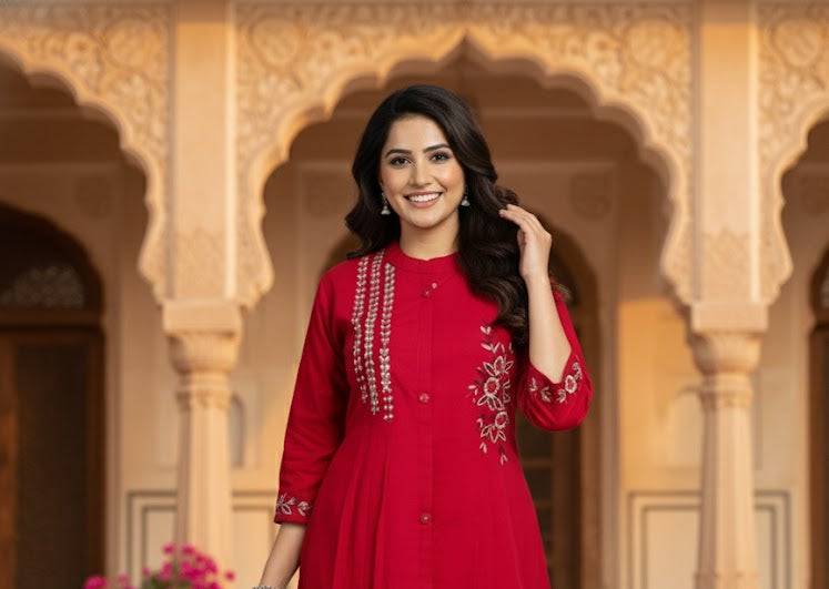 Red Embroidered Kurti Set for Women | Festive A-Line Cotton Ethnic Wear