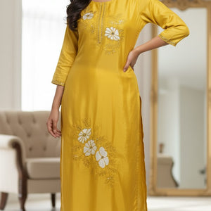 Mustard Floral Printed Cotton Kurti for Women | Stylish Daily Wear Long Straight Kurta