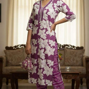 PURPULE PURE COTTON KURTI WITH BOTTOM WEAR