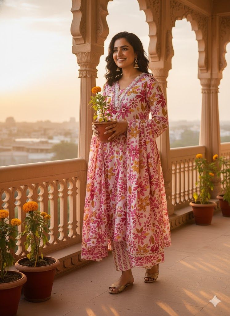 Pink Floral Printed Kurti Pant Dupatta Set for Women | Elegant Cotton Daily & Festive Ethnic Wear