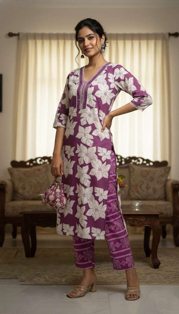 Purple Cotton Kurti Set with Bottom Wear - Timeless Elegance