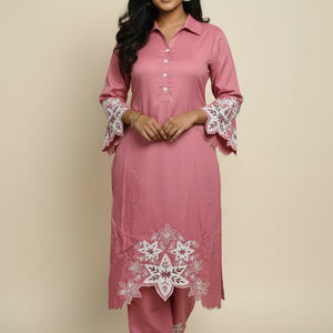 Pink Embroidered Cotton Kurti Set for Women | Elegant Floral Design Traditional Wear