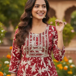 Women's Blue Floral Printed Rayon Kurti | Stylish Kurta with Neck Embroidery | Casual Kurti for Women - Women's Kurti - Breakup Clothes