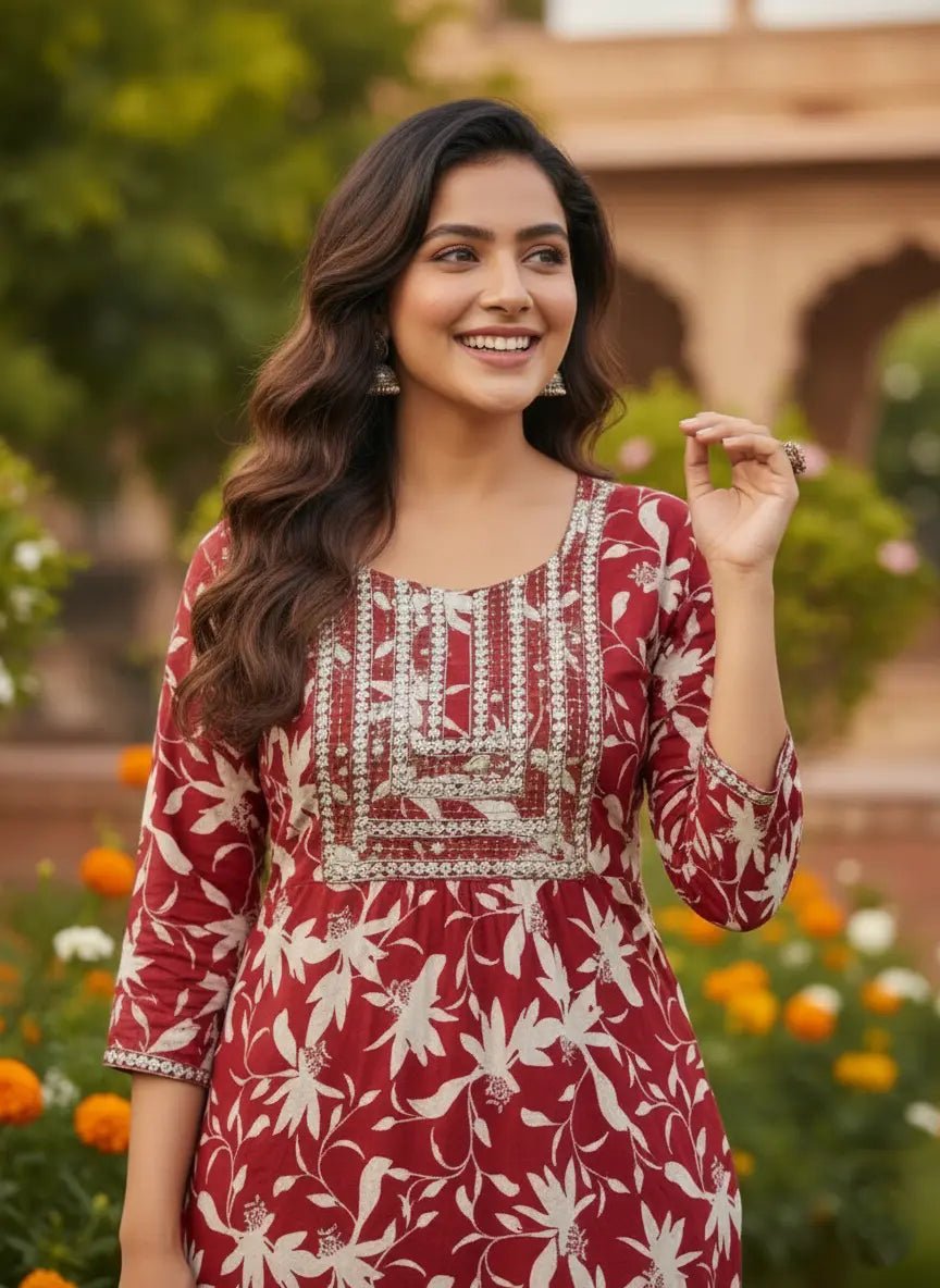 Women's Blue Floral Printed Rayon Kurti | Stylish Kurta with Neck Embroidery | Casual Kurti for Women - Women's Kurti - Breakup Clothes