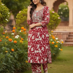 Women's Blue Floral Printed Rayon Kurti | Stylish Kurta with Neck Embroidery | Casual Kurti for Women - Women's Kurti - Breakup Clothes