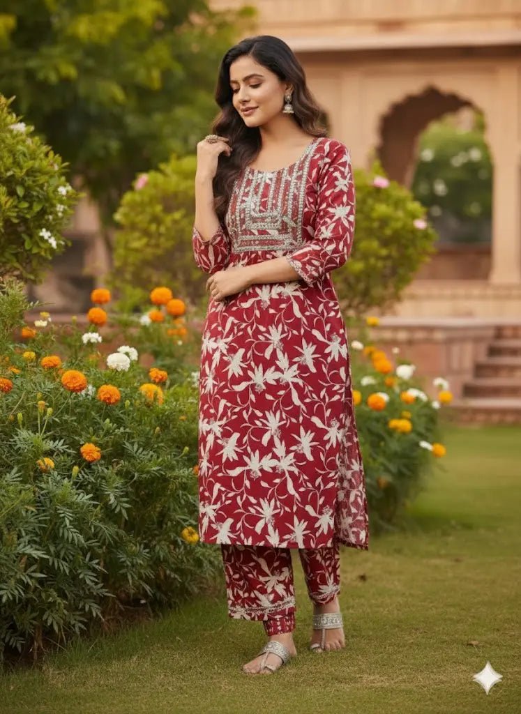 Women's Blue Floral Printed Rayon Kurti | Stylish Kurta with Neck Embroidery | Casual Kurti for Women - Women's Kurti - Breakup Clothes