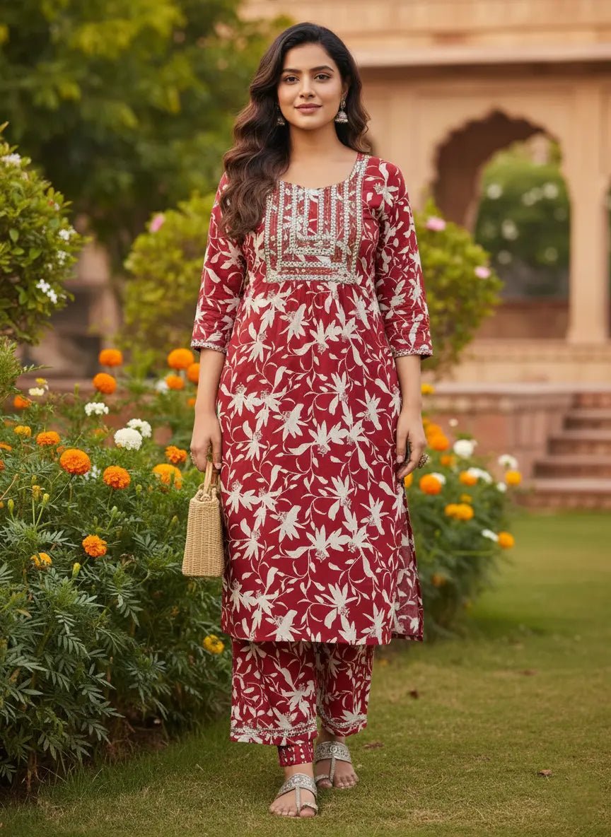 Women's Blue Floral Printed Rayon Kurti | Stylish Kurta with Neck Embroidery | Casual Kurti for Women - Women's Kurti - Breakup Clothes