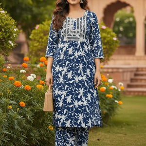 Women's Blue Floral Printed Rayon Kurti | Stylish Kurta with Neck Embroidery | Casual Kurti for Women - Women's Kurti - Breakup Clothes
