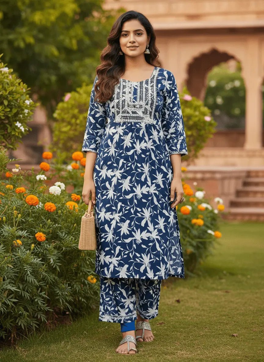 Women's Blue Floral Printed Rayon Kurti | Stylish Kurta with Neck Embroidery | Casual Kurti for Women - Women's Kurti - Breakup Clothes
