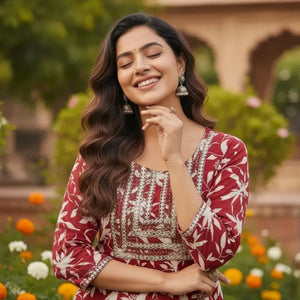 Women's Blue Floral Printed Rayon Kurti | Stylish Kurta with Neck Embroidery | Casual Kurti for Women - Women's Kurti - Breakup Clothes