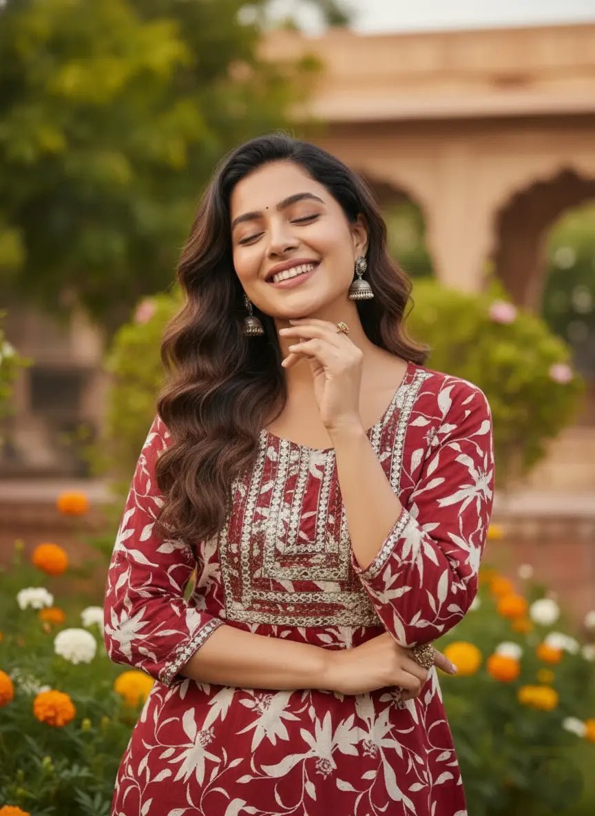 Women's Blue Floral Printed Rayon Kurti | Stylish Kurta with Neck Embroidery | Casual Kurti for Women - Women's Kurti - Breakup Clothes