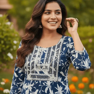 Women's Blue Floral Printed Rayon Kurti | Stylish Kurta with Neck Embroidery | Casual Kurti for Women - Women's Kurti - Breakup Clothes