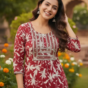 Women's Blue Floral Printed Rayon Kurti | Stylish Kurta with Neck Embroidery | Casual Kurti for Women - Women's Kurti - Breakup Clothes