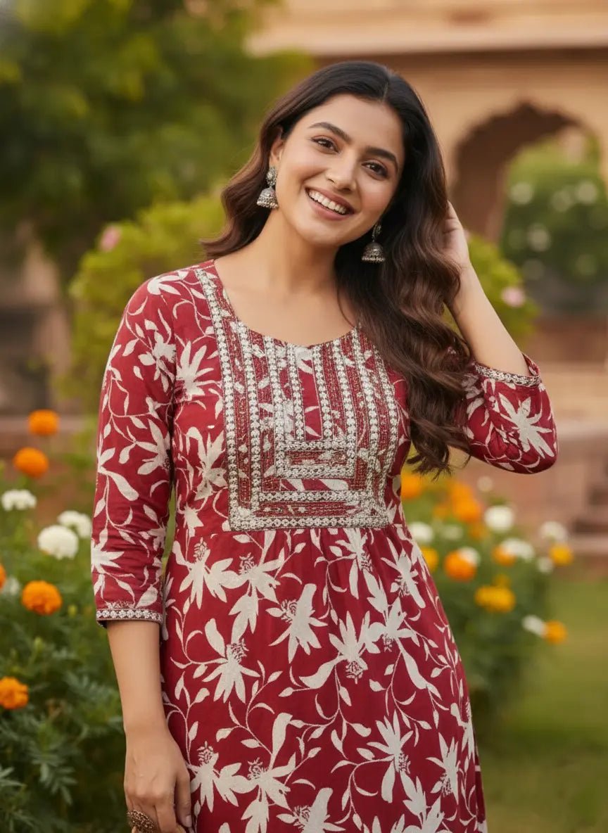 Women's Blue Floral Printed Rayon Kurti | Stylish Kurta with Neck Embroidery | Casual Kurti for Women - Women's Kurti - Breakup Clothes